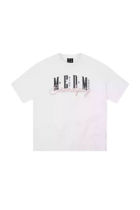 MEDM SS25 Serendipity Embroidery Tee in white cotton with unique multicolor lettering design