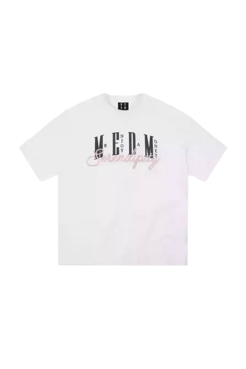 MEDM SS25 Serendipity Embroidery Tee in white cotton with unique multicolor lettering design
