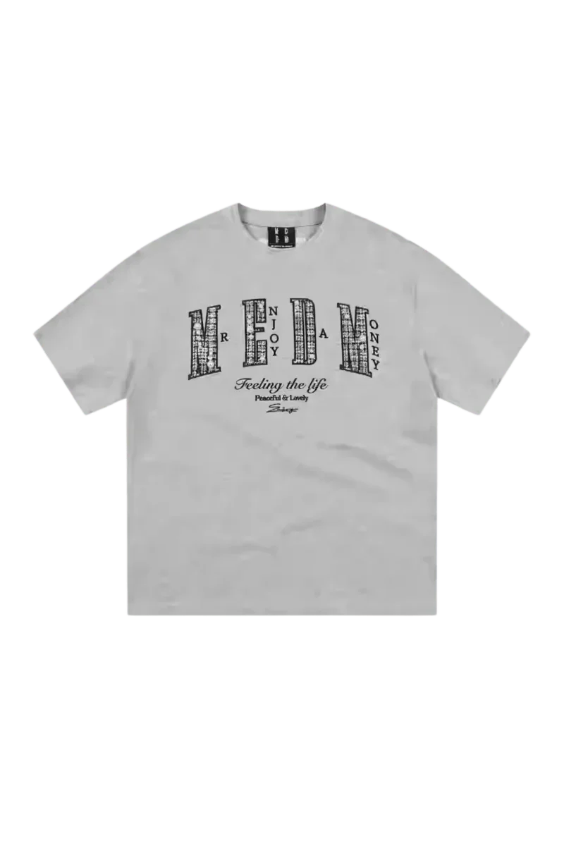 Mr Enjoy Da Money MEDM SS25 Small Pearl Tee in gray featuring a unique graphic design