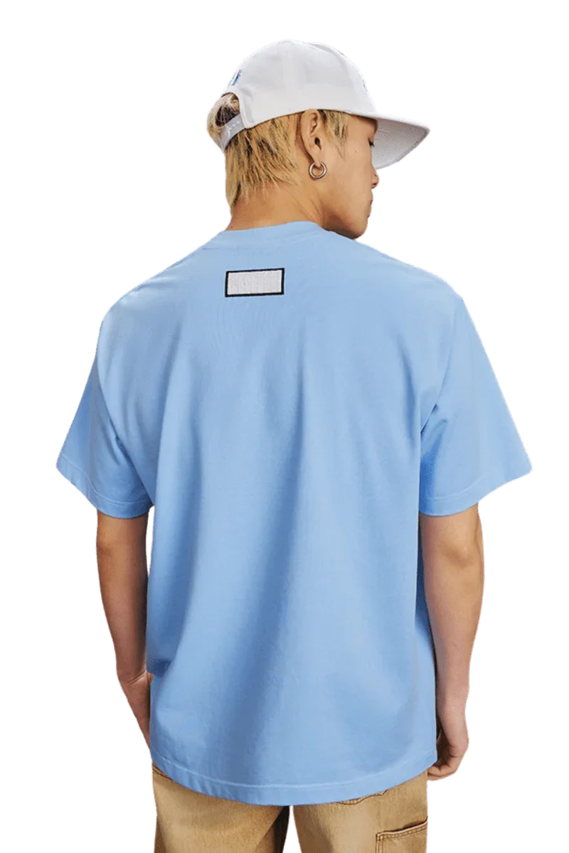 Back view of light blue MEDM SS25 Small Pearl Tee by Mr Enjoy Da Money for casual streetwear style