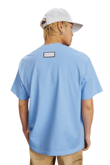 Back view of light blue MEDM SS25 Small Pearl Tee by Mr Enjoy Da Money for casual streetwear style