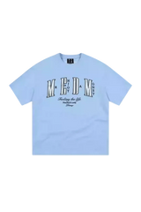 MEDM SS25 Small Pearl Tee in light blue with bold graphic print and relaxed fit