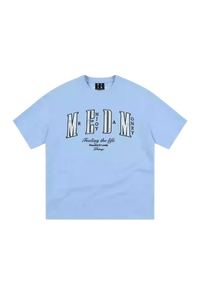 MEDM SS25 Small Pearl Tee in light blue with bold graphic print and relaxed fit