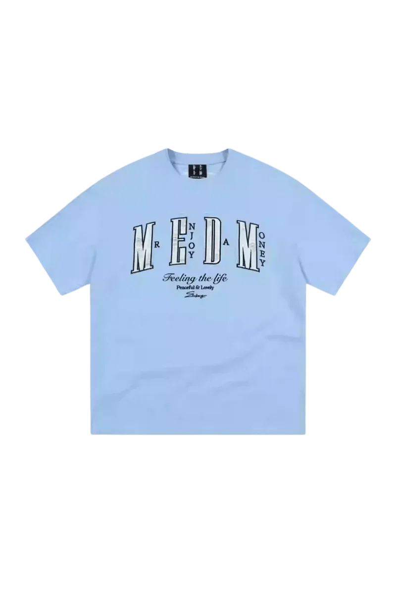 MEDM SS25 Small Pearl Tee in light blue with bold graphic print and relaxed fit