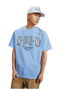 MEDM SS25 Small Pearl Tee in light blue with bold graphic design for casual style