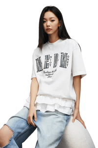 MEDM SS25 Small Pearl Tee in white with layered design and graphic print for a stylish look