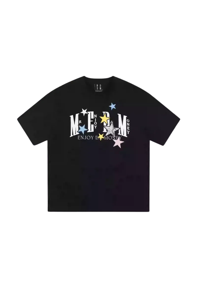 MEDM SS25 Snake Star Patch Tee in black featuring colorful star patches and stylish graphic design