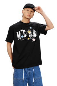 MEDM SS25 Snake Star Patch Tee in black featuring colorful stars and logo design
