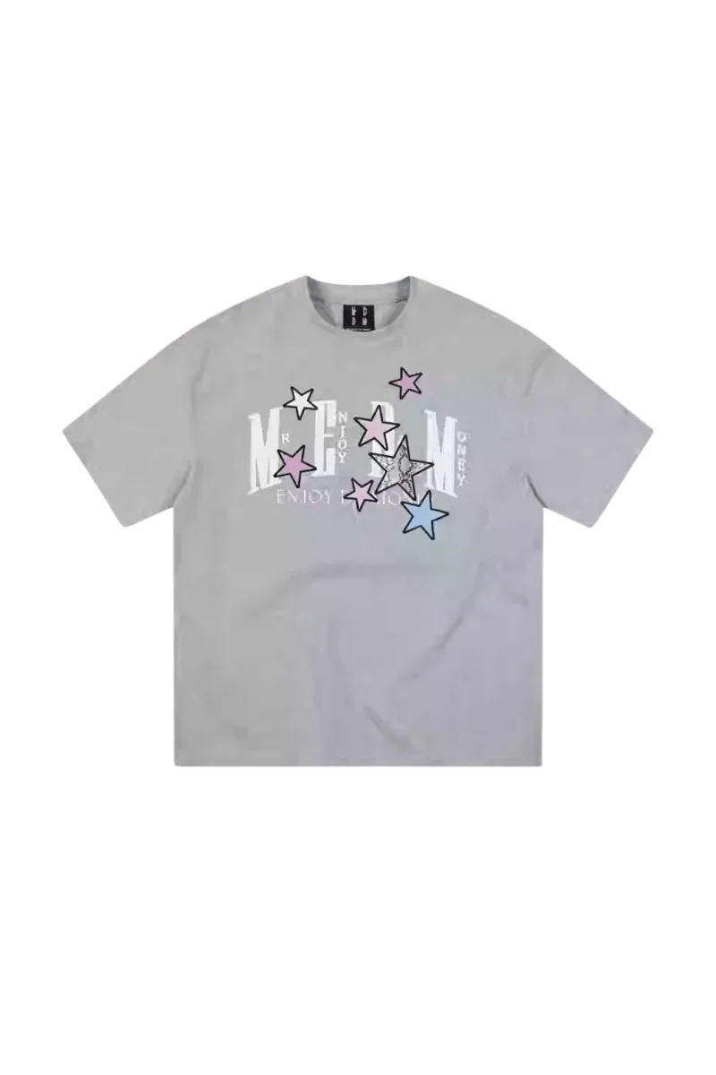 MEDM SS25 Snake Star Patch Tee in Gray with Colorful Star Graphic Design