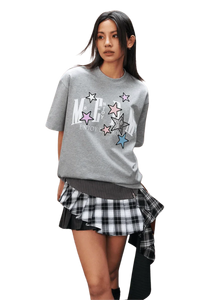 MEDM SS25 Snake Star Patch Tee in Grey with Colorful Star Embroidery and Casual Fit