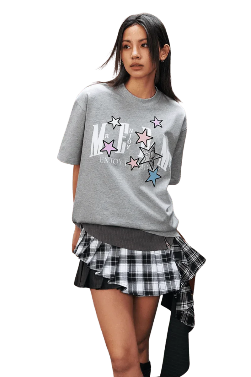MEDM SS25 Snake Star Patch Tee in Grey with Colorful Star Embroidery and Casual Fit