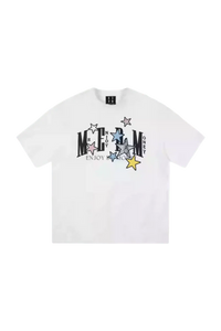 MEDM SS25 Snake Star Patch Tee in white featuring colorful star designs and graphic text