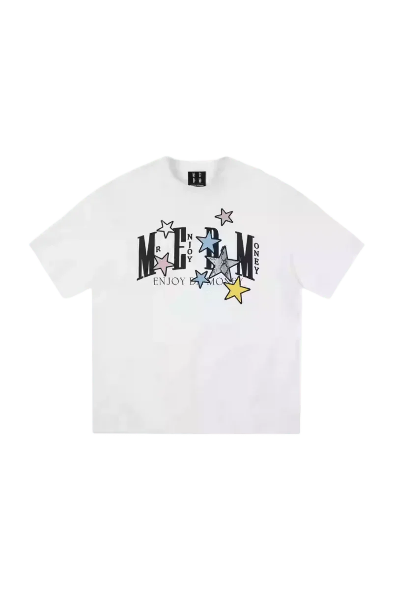MEDM SS25 Snake Star Patch Tee in white featuring colorful star designs and graphic text
