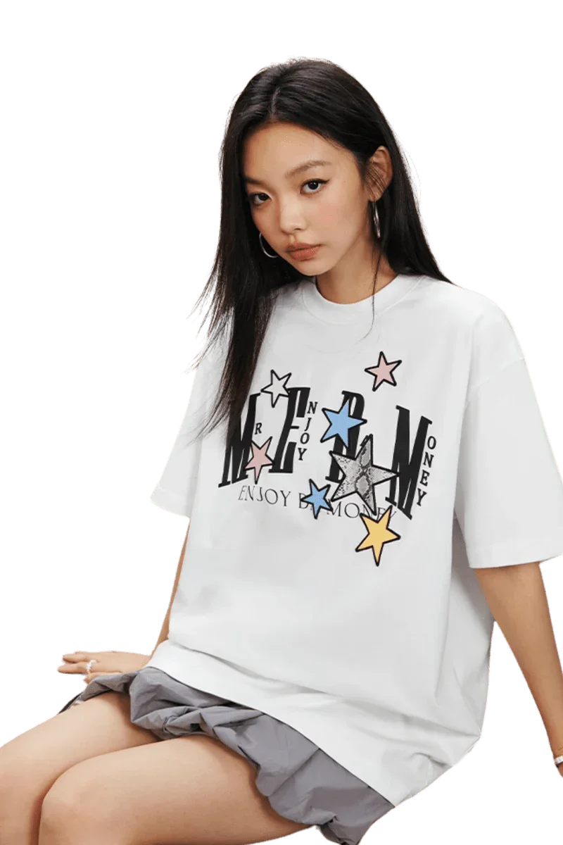 MEDM SS25 Snake Star Patch Tee in White with Colorful Star Graphic Design for Casual Wear