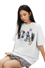 MEDM SS25 Snake Star Patch Tee in White with Colorful Star Graphic Design for Casual Wear