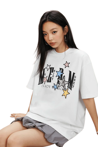 MEDM SS25 Snake Star Patch Tee in White with Colorful Star Graphic Design for Casual Wear