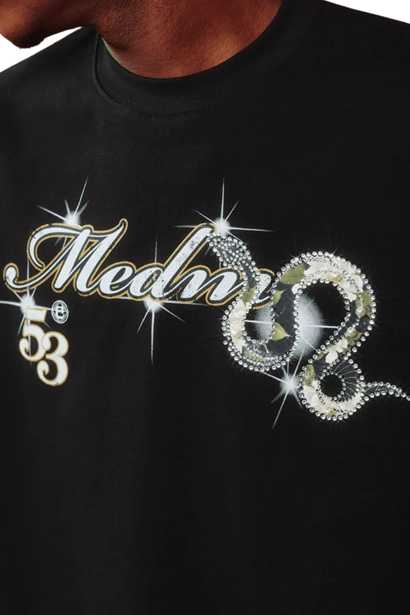 MEDM SS25 Snake Year Limited Edition Tee in Black with Sparkling Snake and Logo Design
