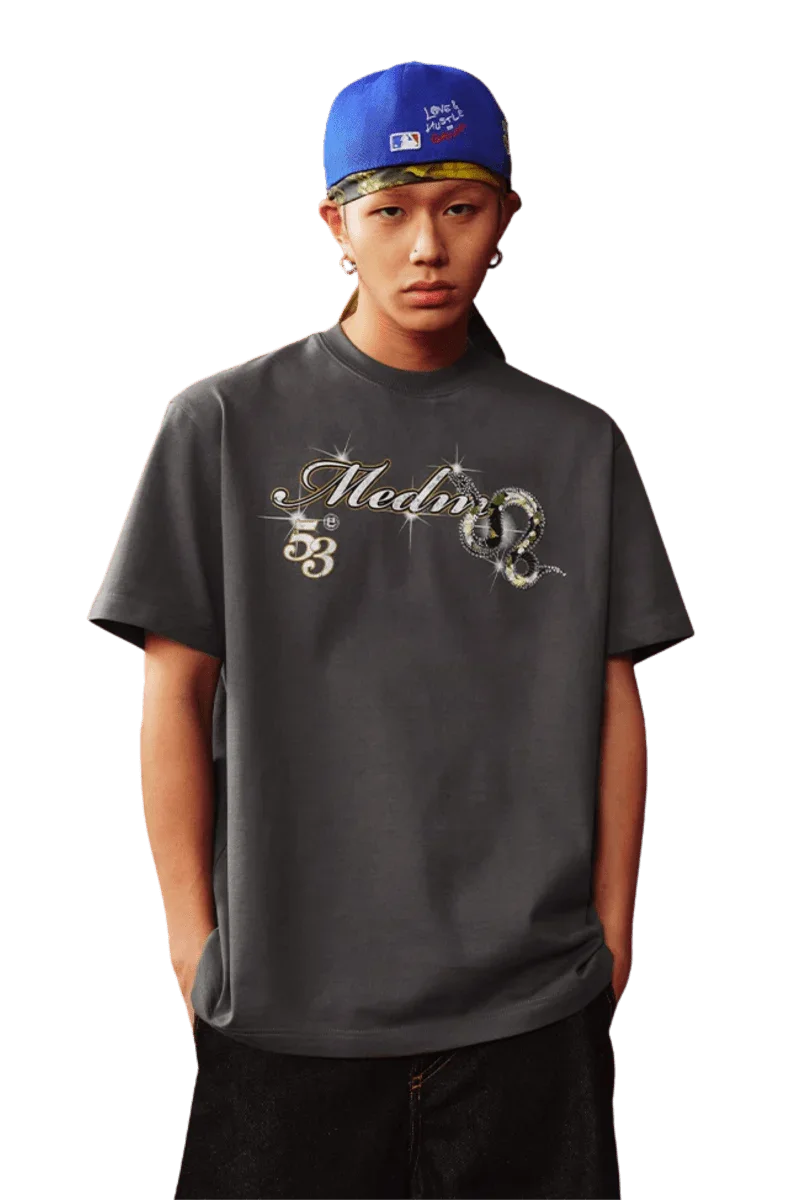 MEDM SS25 Snake Year Limited Edition Tee in dark gray, featuring unique graphics and relaxed fit