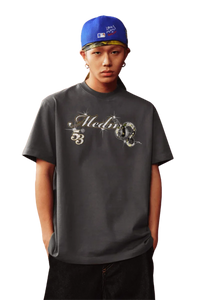 MEDM SS25 Snake Year Limited Edition Tee in dark gray, featuring unique graphics and relaxed fit