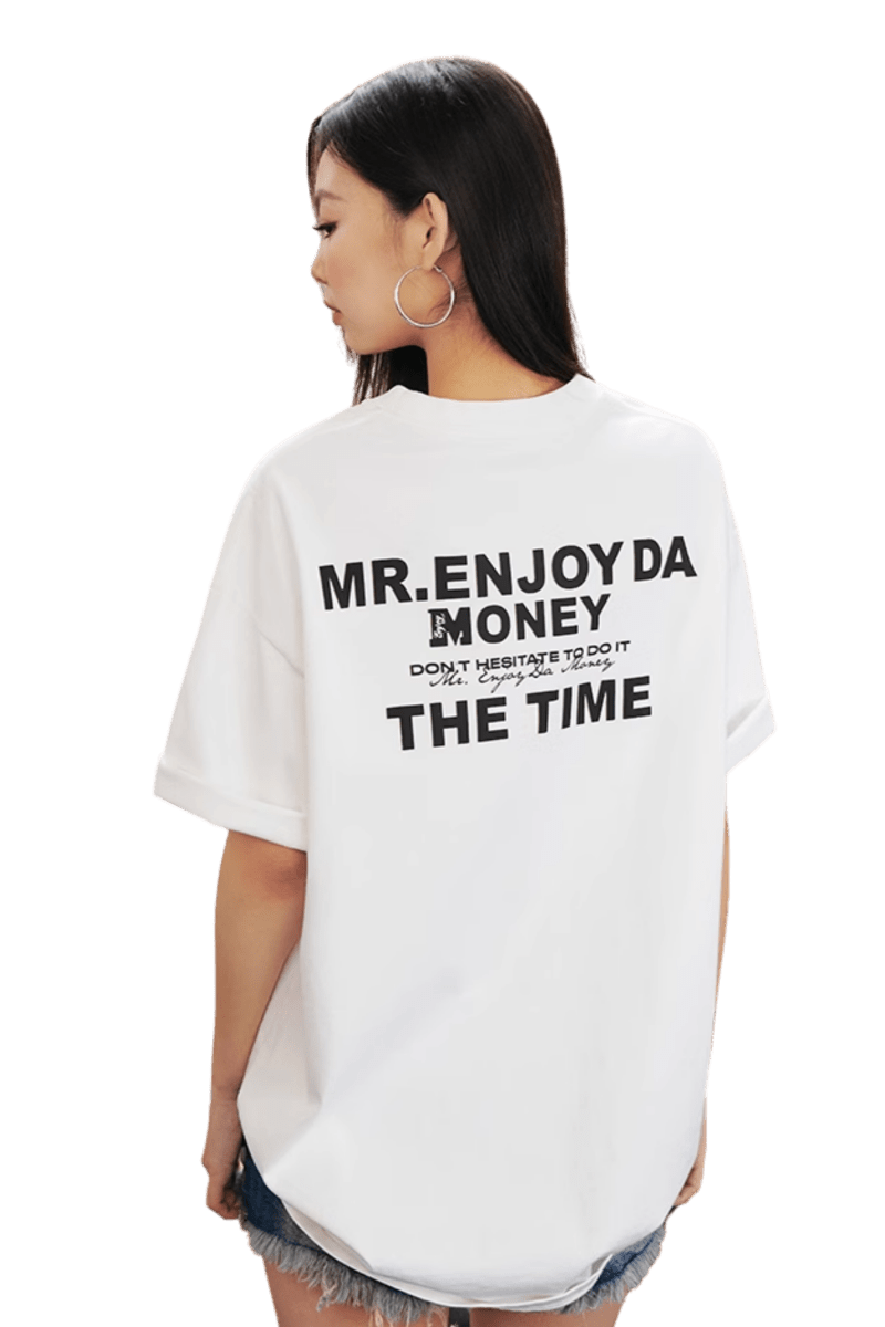 MEDM SS25 The Time Basic Logo Tee in white with back print featuring Mr Enjoy Da Money slogan