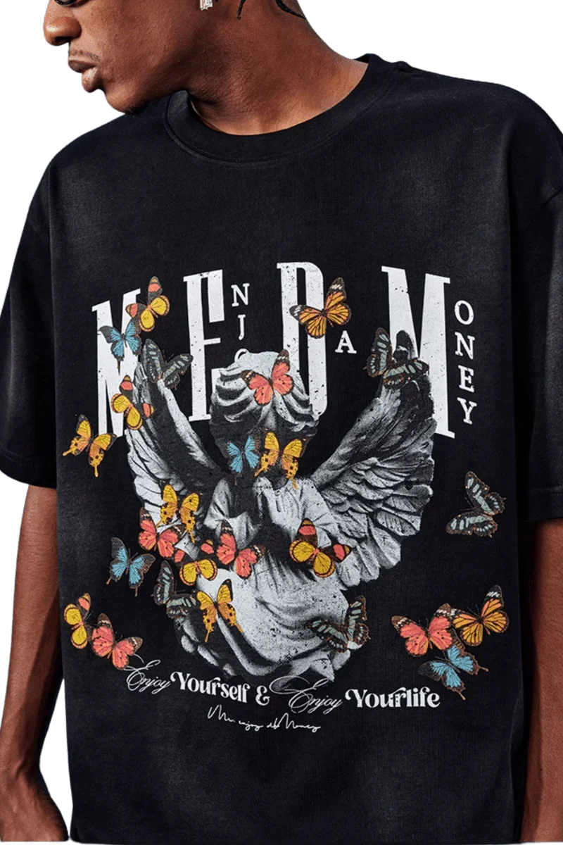 MEDM SS25 Washed Angel Butterfly Tee featuring a graphic design with butterflies on a black background