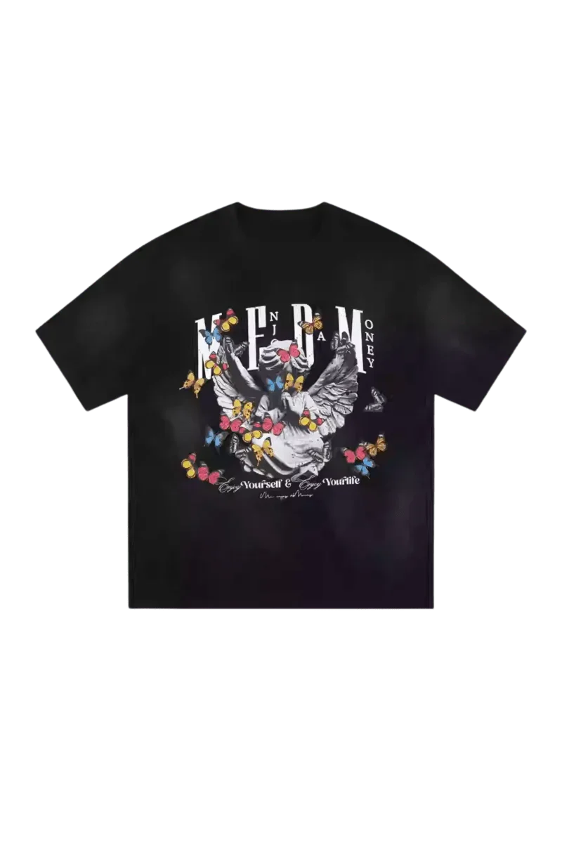 MEDM SS25 Washed Angel Butterfly Tee in black featuring graphic print and relaxed fit