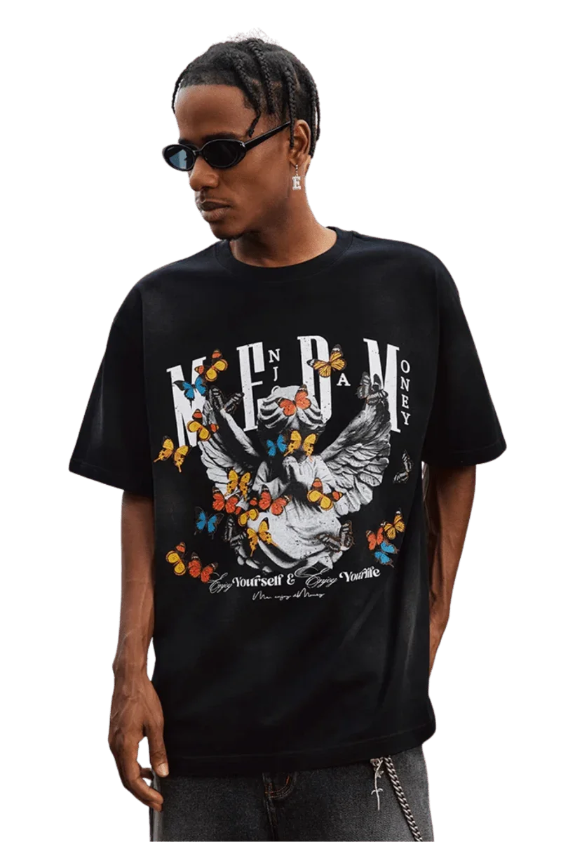 MEDM SS25 Washed Angel Butterfly Tee featuring a vibrant graphic design on a black shirt