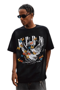 MEDM SS25 Washed Angel Butterfly Tee featuring a vibrant graphic design on a black shirt