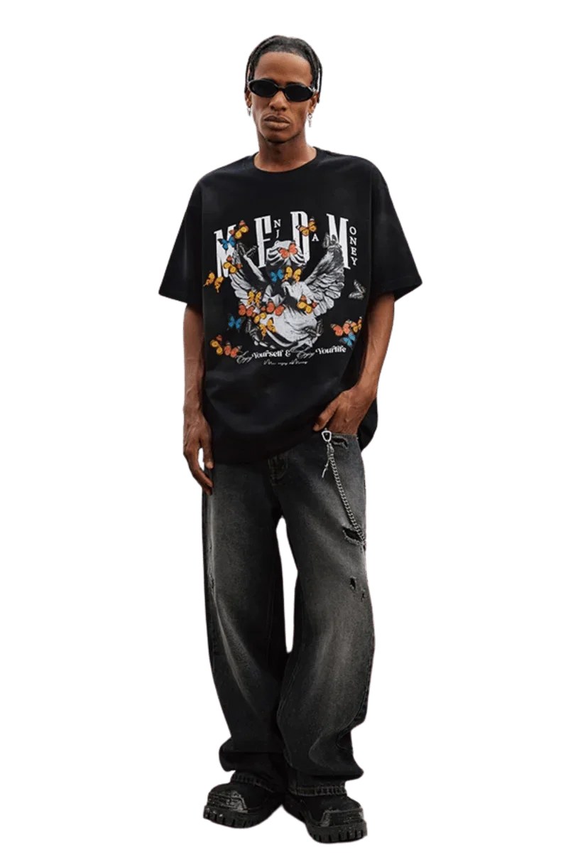 MEDM SS25 Washed Angel Butterfly Tee in black with vibrant graphic design on front