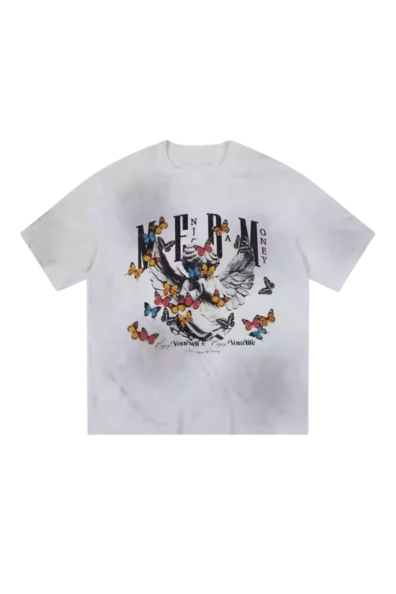 MEDM SS25 Washed Angel Butterfly Tee featuring a vibrant butterfly design on a white tee