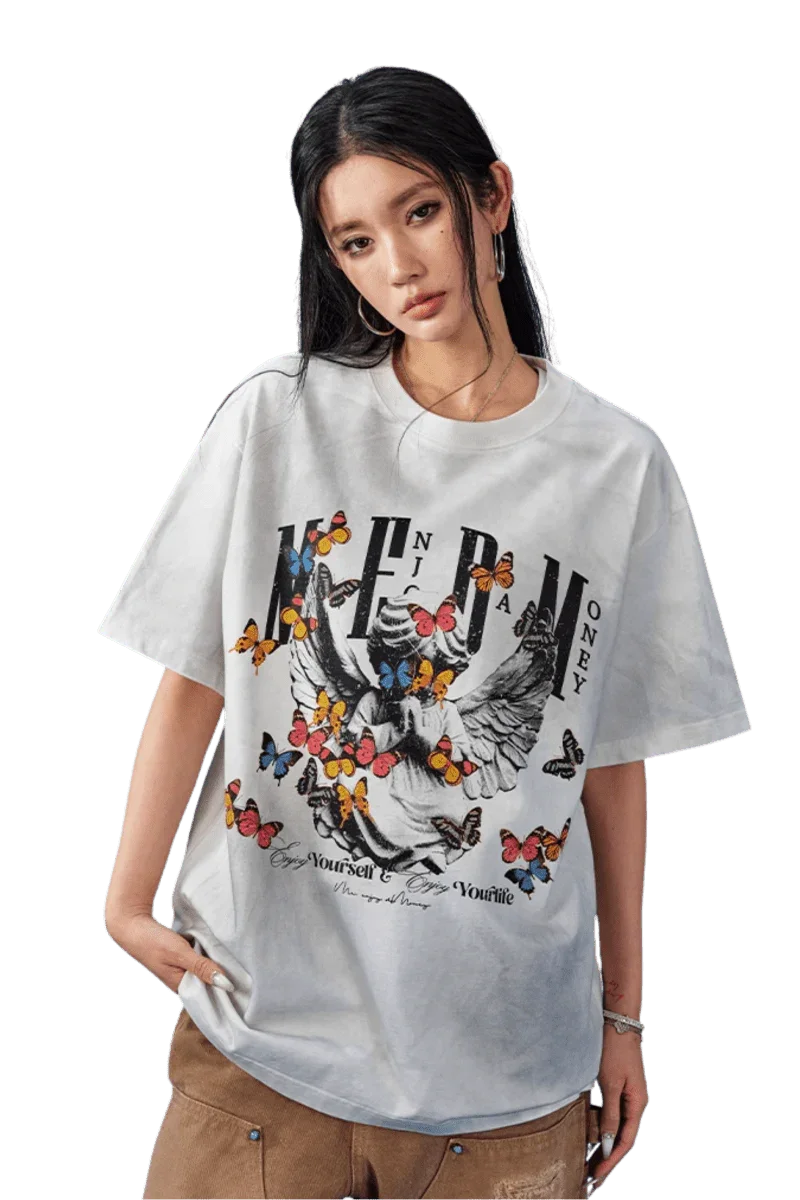 MEDM SS25 Washed Angel Butterfly Tee in white with colorful butterfly graphic and relaxed fit