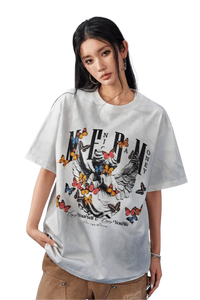 MEDM SS25 Washed Angel Butterfly Tee in white with colorful butterfly graphic and relaxed fit