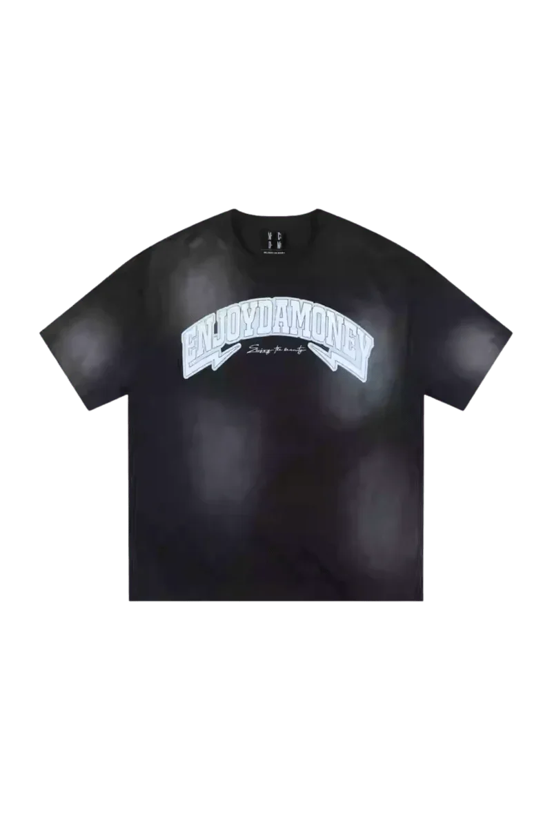 Mr Enjoy Da Money MEDM SS25 Washed Arch Logo Tee in black with bold graphic design