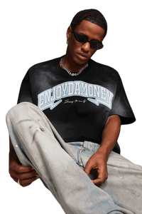 Mr Enjoy Da Money MEDM SS25 Washed Arch Logo Tee in black with stylish graphics and relaxed fit