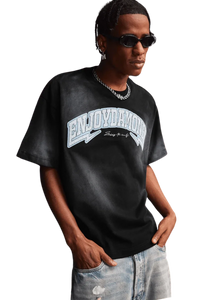 MEDM SS25 Washed Arch Logo Tee in black with stylish lettering, perfect for casual streetwear.