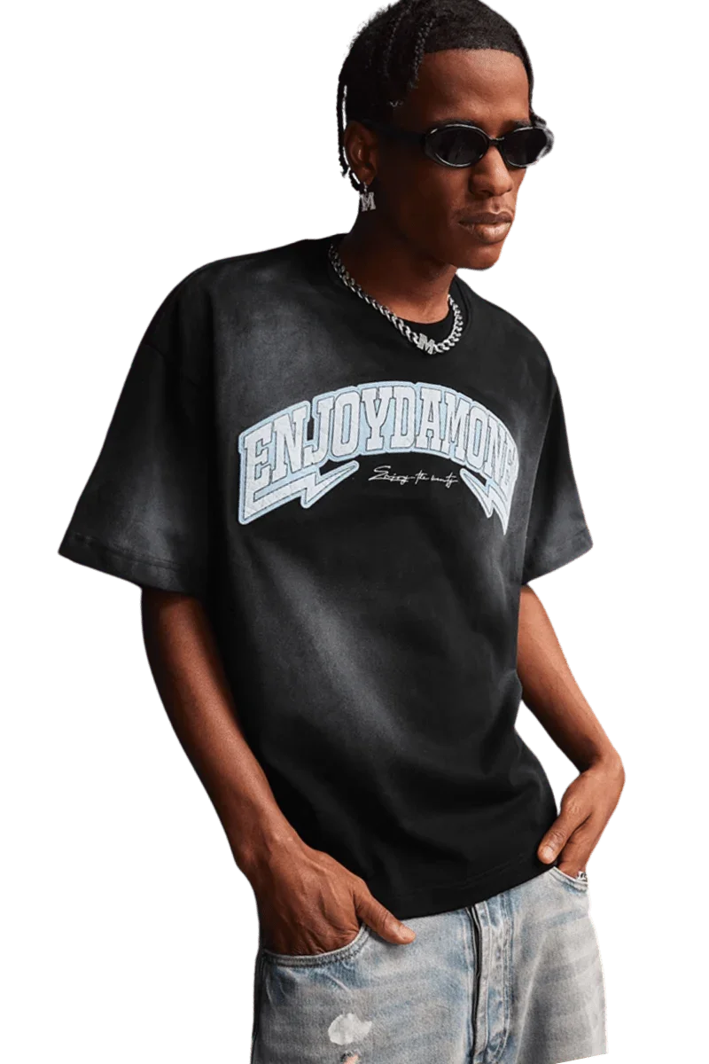 MEDM SS25 Washed Arch Logo Tee in black with stylish lettering, perfect for casual streetwear.