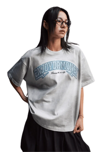 MEDM SS25 Washed Arch Logo Tee in light gray with unique Enjoy Da Money graphic design