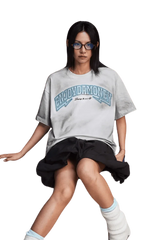 MEDM SS25 Washed Arch Logo Tee in grey featuring a stylish oversized fit and unique graphic design.