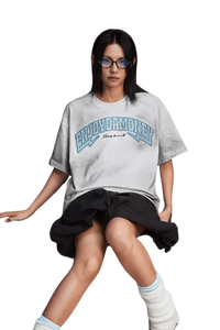 MEDM SS25 Washed Arch Logo Tee in grey featuring a stylish oversized fit and unique graphic design.