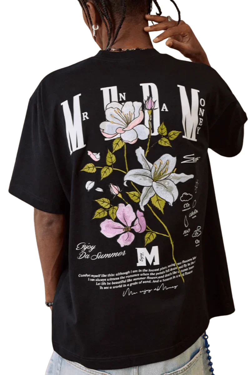 MEDM Summer Flowers Embroidery Tee in black featuring floral designs and unique lettering