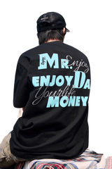 MEDM Three Colour Print Tee featuring bold Mr Enjoy Da Money graphic on black fabric