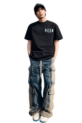 Men's black MEDM Three Colour Print Tee paired with casual cargo jeans for a trendy streetwear look