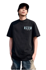 Black MEDM Three Colour Print Tee worn by a model, showcasing a stylish streetwear look