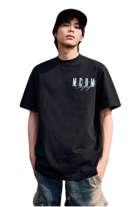 Black MEDM Three Colour Print Tee worn by a model, showcasing a stylish streetwear look
