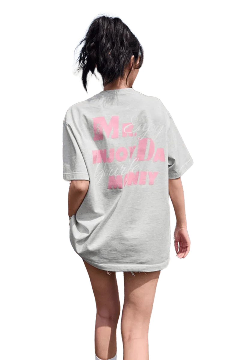 Back view of MEDM Three Colour Print Tee in grey featuring stylish graphics by Mr Enjoy Da Money