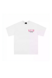 White MEDM Three Colour Print Tee featuring bold pink branding for a stylish look