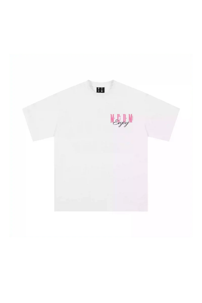White MEDM Three Colour Print Tee featuring bold pink branding for a stylish look