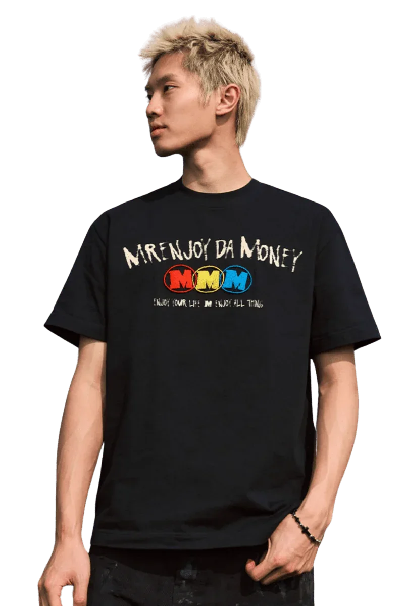 MEDM Triple M Embossed Tee in black featuring Mr Enjoy Da Money logo for stylish casual wear