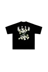 Black MEDM White Rose Embroidery Tee with white rose design and stylized text on the back