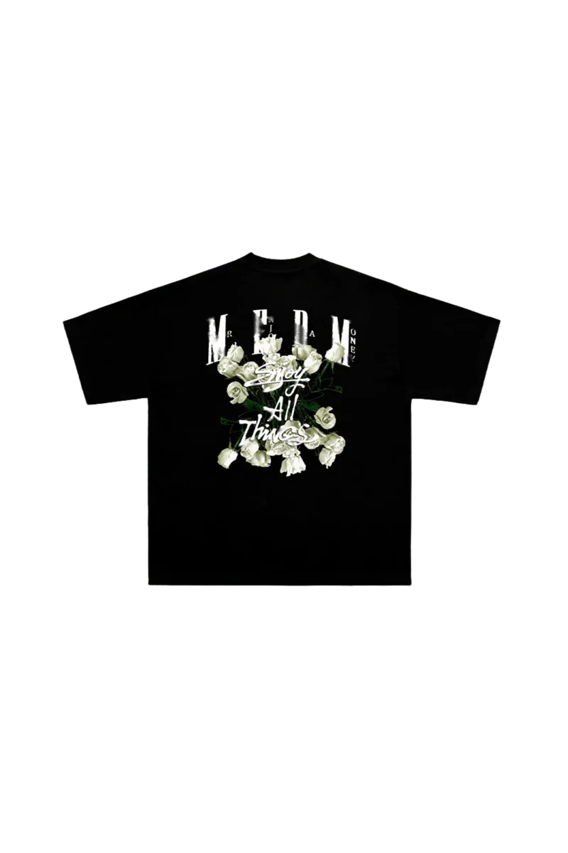 Black MEDM White Rose Embroidery Tee with white rose design and stylized text on the back